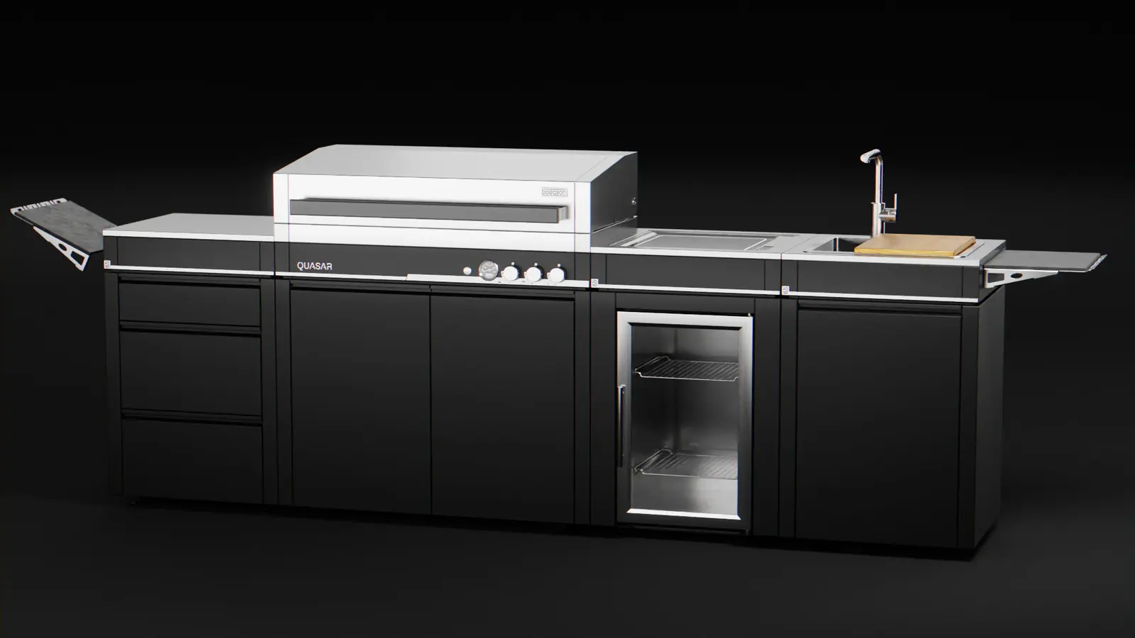 Modulare bogason-Outdoor-Küche mit Grill, Arbeitsfläche, Kühlschrank und Spüle.